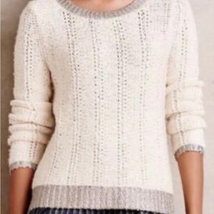 Moth By Anthropologie Knit Silver Metallic Detail Cream Wool Blend Sweater M